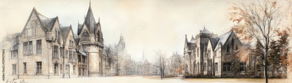 Fototapeta premium Grayscale Cityscape Drawing Of Historic European Buildings Illustrated With Details On Buildings And Streetscapes Including Textures And Perspective. Its A Scenic View Of A European Town With Old