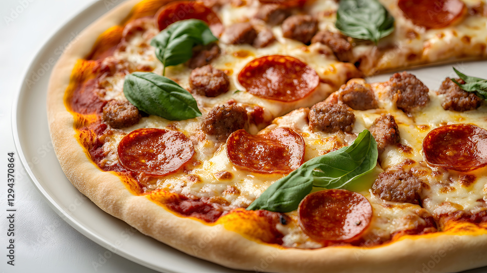 A pizza with pepperoni and basil on top A pizza with pepperoni and basil on top
