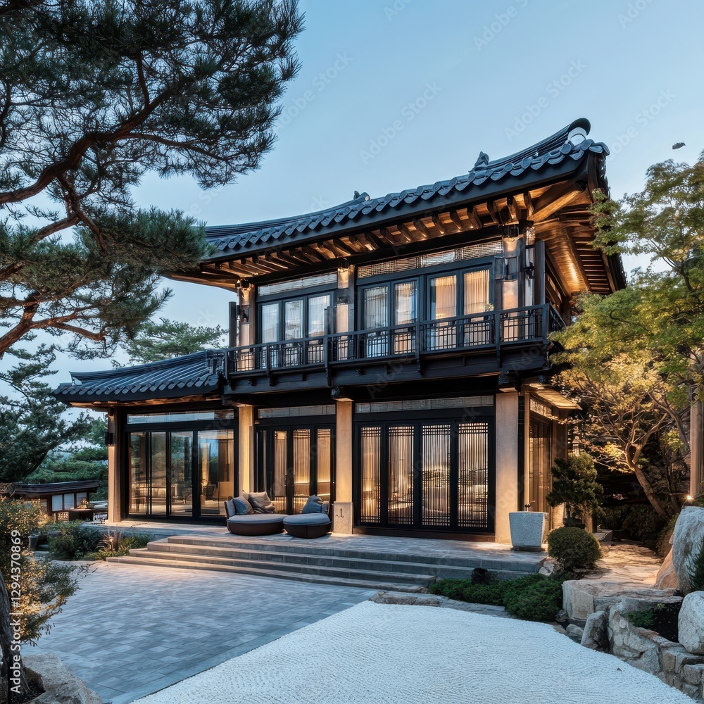 Fototapeta premium Beautiful Japanese Style House With Balcony and Courtyard