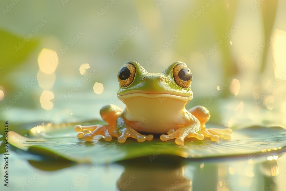 Little frog sitting on a lily pad, with a playful expression and tiny feet. Little frog sitting on a lily pad, with a playful expression and tiny feet.