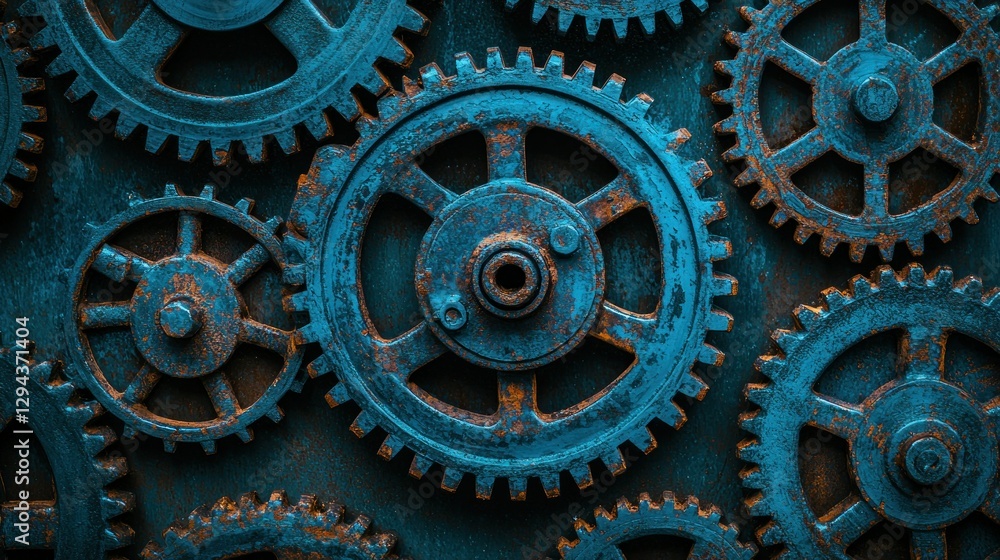 Rusty gears interlocking, machine, dark background. Possible use industrial design Rusty gears interlocking, machine, dark background. Possible use industrial design