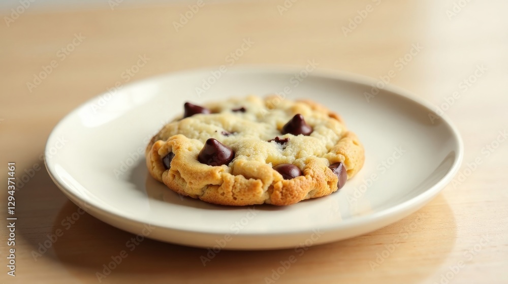 A single, delicious chocolate chip cookie rests on a simple white plate, showcasing its golden-brown edges and rich chocolate morsels. A single, delicious chocolate chip cookie rests on a simple white plate, showcasing its golden-brown edges and rich chocolate morsels.