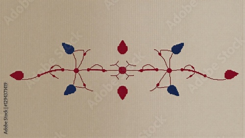 Abstract Symmetrical Design with Red and Blue Leaves and Branches on Beige Background