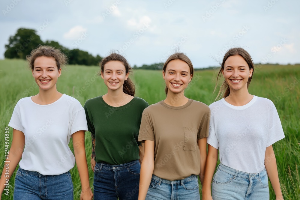 Four young women are smiling and walking together in a field. They are wearing different colored shirts and jeans. Scene is cheerful and lighthearted Four young women are smiling and walking together in a field. They are wearing different colored shirts and jeans. Scene is cheerful and lighthearted