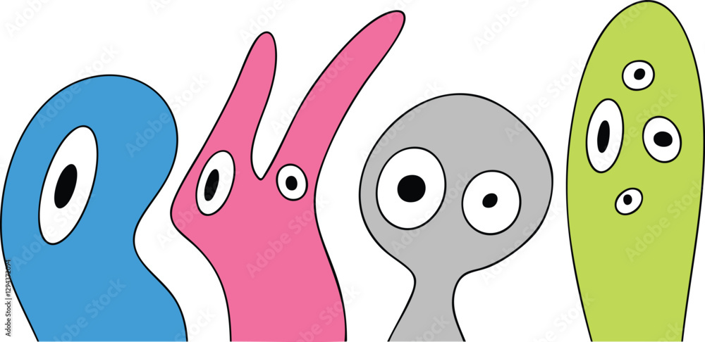 Fototapeta premium Alien Friends Doodle Clipart Vector Illustration – Cute and Playful Extraterrestrial Characters with Fun Designs Perfect for Kids’ Projects, Space-Themed Artwork, and Creative Graphic Designs