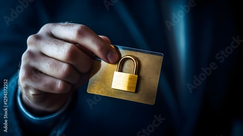 A close-up of a man's hand holding a credit or debit card with a padlock, symbolizing secure financial transactions, inancial security, online payment protection, digital banking safety, cybersecurity photo