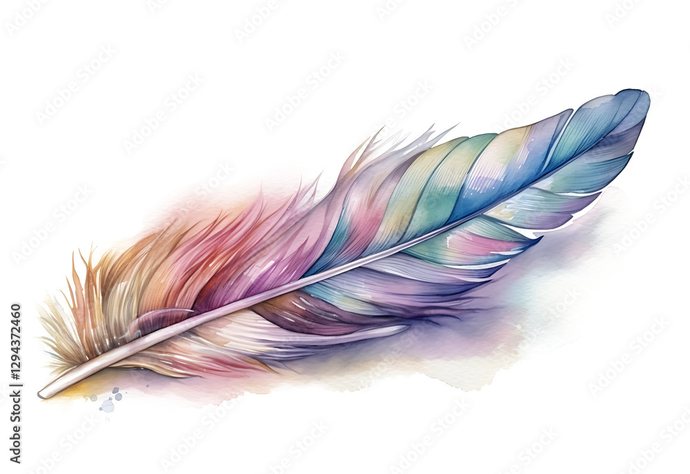 soft pastel detailed feather in watercolor style on white and transparent background. PNG soft pastel detailed feather in watercolor style on white and transparent background. PNG