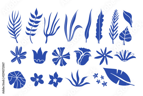 Blue ceramic plants and flowers botanical set adorable, lovely, pretty, vintage, modern, flat, decorative, organic, leaf, leaves, ornament, line, silhouette