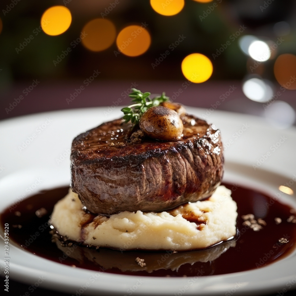 A gourmet plated filet mignon with truffle mashed potatoes, red wine reduction sauce, elegant fine dining setting, deep moody tones, ultra-detailed food photography. A gourmet plated filet mignon with truffle mashed potatoes, red wine reduction sauce, elegant fine dining setting, deep moody tones, ultra-detailed food photography.
