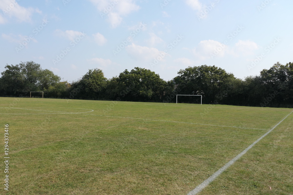 Fototapeta premium A soccer goal on a green field, framed by a tree-lined edge in the background.