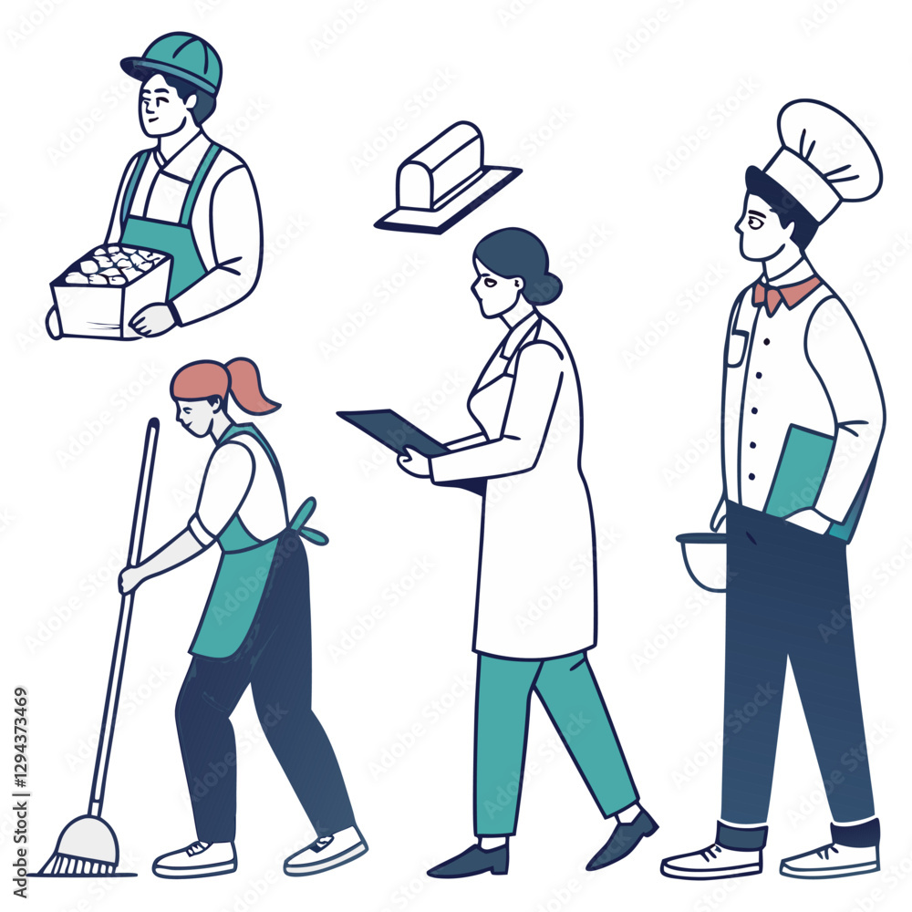 Jobs and professions set vector illustrations. People in uniforms, different occupations, work. Worker, doctor, chef, farmer, businessman, cleaner and maid. Jobs and professions set vector illustrations. People in uniforms, different occupations, work. Worker, doctor, chef, farmer, businessman, cleaner and maid.