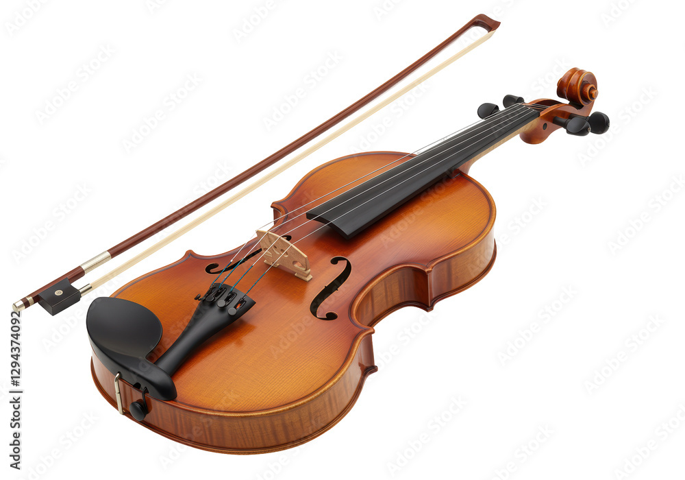 Isolated Full View of a Classic Violin with Bow, Meticulously Crafted Isolated Full View of a Classic Violin with Bow, Meticulously Crafted
