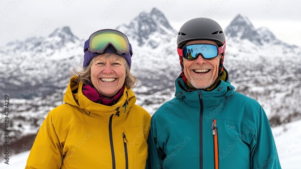 Happy Skiers Smiling on Mountain with Snowy Landscape in Background Happy Skiers Smiling on Mountain with Snowy Landscape in Background