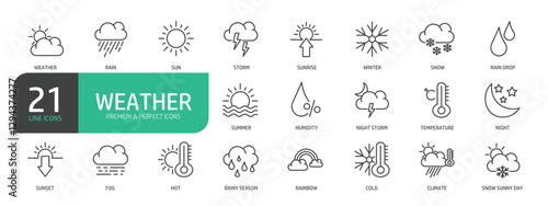 Set Of Weather Line Icons. The set includes a Sun, Moon, Cloud, Winter, Summer, Rain, Snowflake, Sunrise, Sunset, Sunny, Temperature, and more.