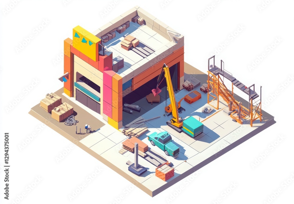 Obraz premium Isometric Pixel Art Workshop Construction Site with Machinery and Vehicles