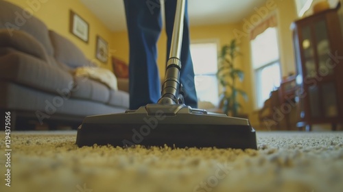 Wallpaper Mural Person Using Vacuum Cleaner on Carpet in Cozy Living Room Setting Torontodigital.ca