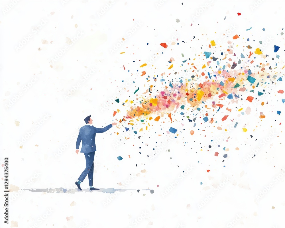 Businessman in Sleek Suit Shatters Glass with Colorful Explosion Businessman in Sleek Suit Shatters Glass with Colorful Explosion