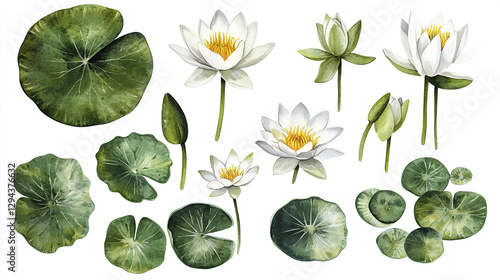 Wallpaper Mural Watercolor illustration of blooming water lilies and leaves Torontodigital.ca