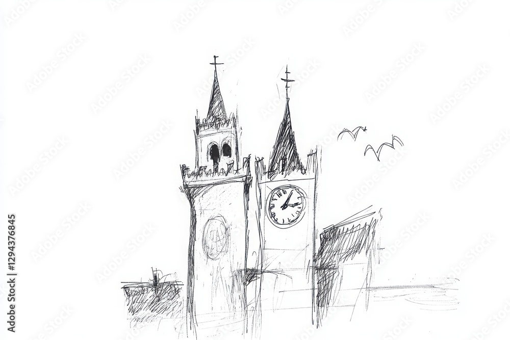 Fototapeta premium Medieval Castle Tower Sketch Illustration In Black And White Drawing Style With Monochrome Elements Like Pen And Ink On Paper Style Art Image In Vintage Style With Graphics Design Characteristics