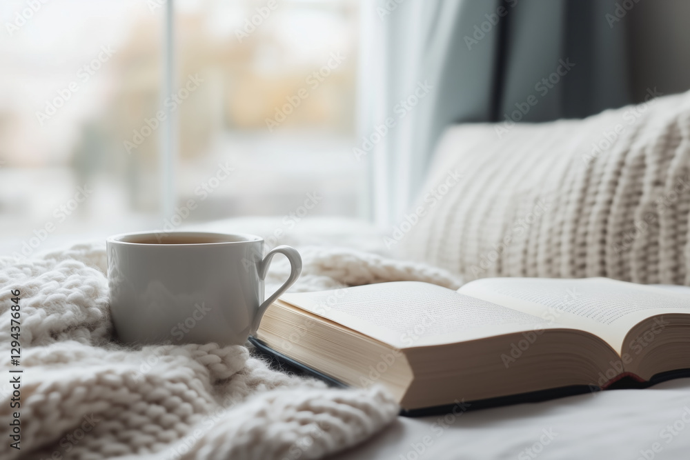 cozy reading nook featuring warm cup of tea beside open book, inviting relaxation and self improvement. Perfect for peaceful afternoon cozy reading nook featuring warm cup of tea beside open book, inviting relaxation and self improvement. Perfect for peaceful afternoon