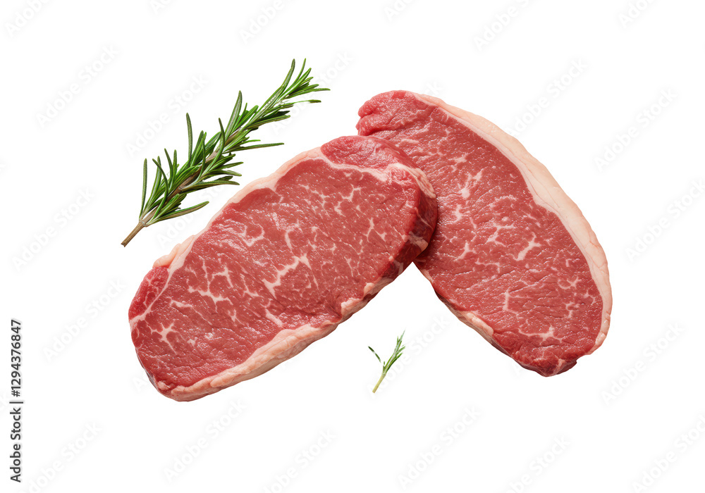 Isolated Fresh Raw Beef Steaks with Rosemary Sprigs Isolated Fresh Raw Beef Steaks with Rosemary Sprigs
