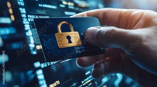 A close-up of a man's hand holding a credit or debit card with a padlock, symbolizing secure financial transactions, inancial security, online payment protection, digital banking safety, cybersecurity photo