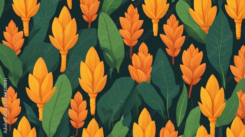 Stylized flat vector illustration of Curcuma Longa, showcasing its rhizome and leaves in a contemporary Thai-inspired pattern. Simplified organic shapes with vibrant yellow and orange hues. Stylized flat vector illustration of Curcuma Longa, showcasing its rhizome and leaves in a contemporary Thai-inspired pattern. Simplified organic shapes with vibrant yellow and orange hues.