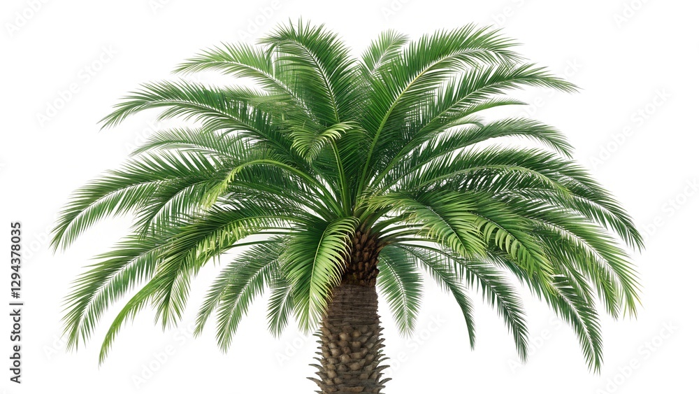 Obraz premium The image depicts a lush, green palm tree set against a plain white background