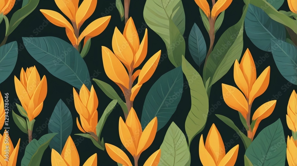 Stylized flat vector illustration of Curcuma Longa, showcasing its rhizome and leaves in a contemporary Thai-inspired pattern. Simplified organic shapes with vibrant yellow and orange hues. Stylized flat vector illustration of Curcuma Longa, showcasing its rhizome and leaves in a contemporary Thai-inspired pattern. Simplified organic shapes with vibrant yellow and orange hues.