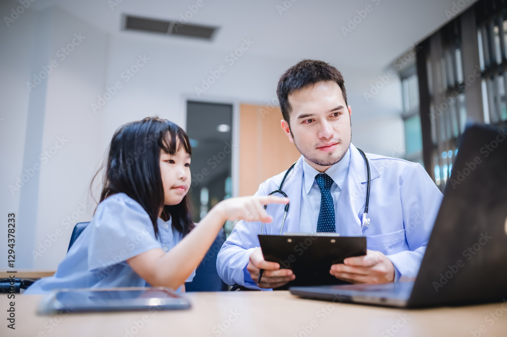 Obraz premium A girl is pointing at a male doctor's laptop to ask about health problems.
