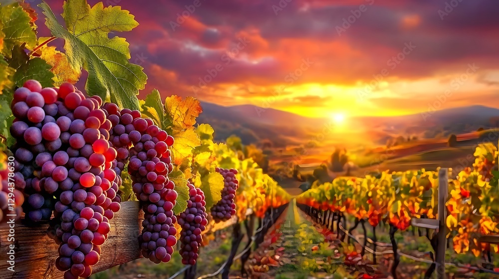 Naklejka premium Lush Thriving Vineyard Bathed in Soft Golden Sunset Light with Vibrant Grape Clusters Hanging in Abundance Against a Picturesque Rolling Hill Landscape