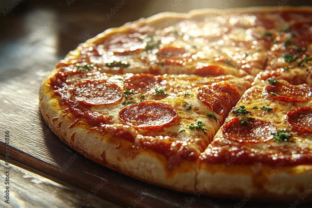 Close-up of pepperoni pizza with melted cheese and herbs, embodying deliciousness Close-up of pepperoni pizza with melted cheese and herbs, embodying deliciousness