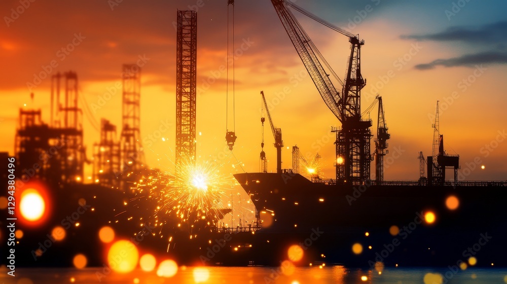 Obraz premium Silhouetted construction cranes and a ship against a vibrant sunset over a bustling port