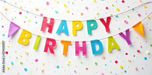 Colorful happy birthday flags banner with confetti on white background, festive, background, decoration