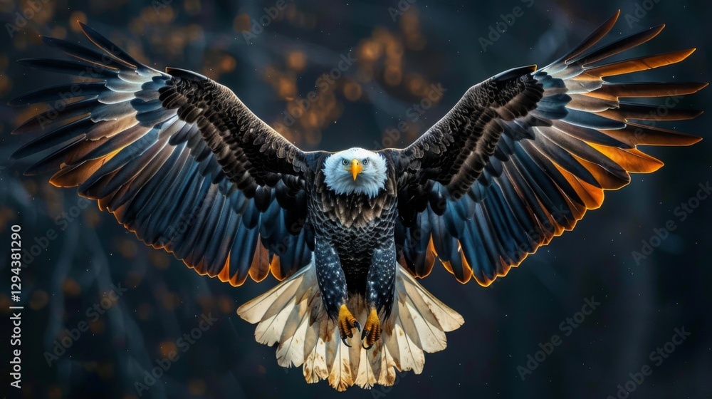 Fototapeta premium A bald eagle glides effortlessly through the sky, its impressive wings spread wide and vibrant feathers catching the light. The leafy backdrop adds depth to this majestic display.