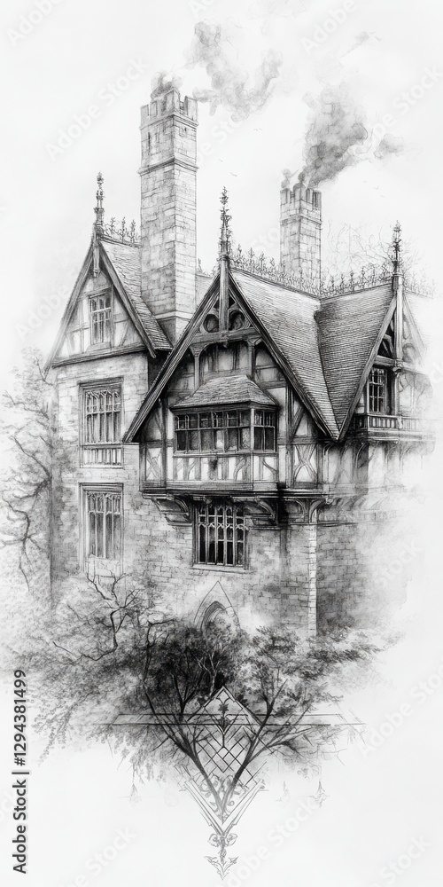 Obraz premium Monochrome Drawing Of A House With Two Chimneys With Gothic Style Rooflines And Details Architectural Sketching Illustration Black And White Line Art Drawing Of A Classic Home Exterior Structure