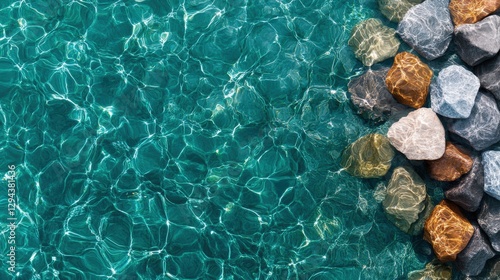 Aerial view of turquoise water surface texture with scattered stones in clear water