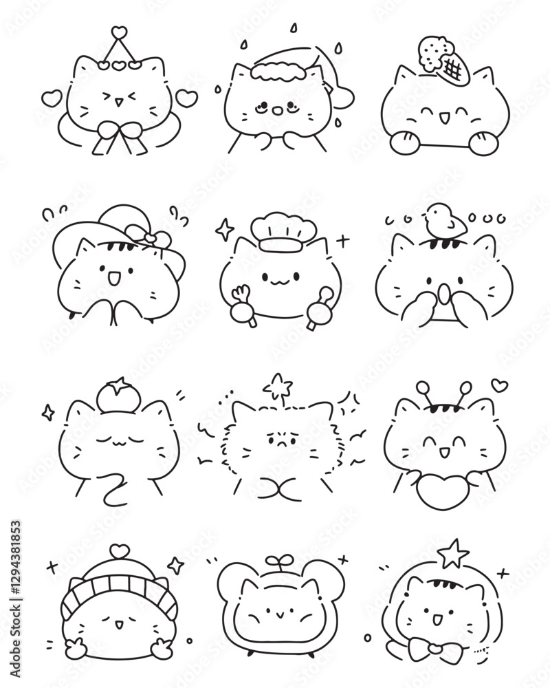 A black and white digital line drawing featuring tiny, adorable cats kawaii style illustration is perfect for coloring activities.
A black and white digital line drawing featuring tiny, adorable cats kawaii style illustration is perfect for coloring activities.
