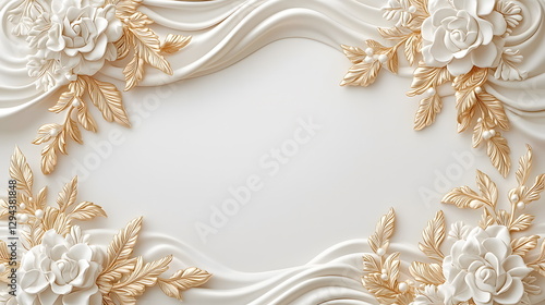 Elegant floral design with gold accents on a textured background featuring white roses and flowing curves.