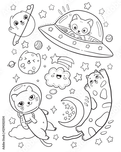 A fun and whimsical black-and-white coloring page featuring adorable cats dressed as astronauts floating in space. Surrounding them are rockets, planets, UFOs, comets, stars, and satellites.