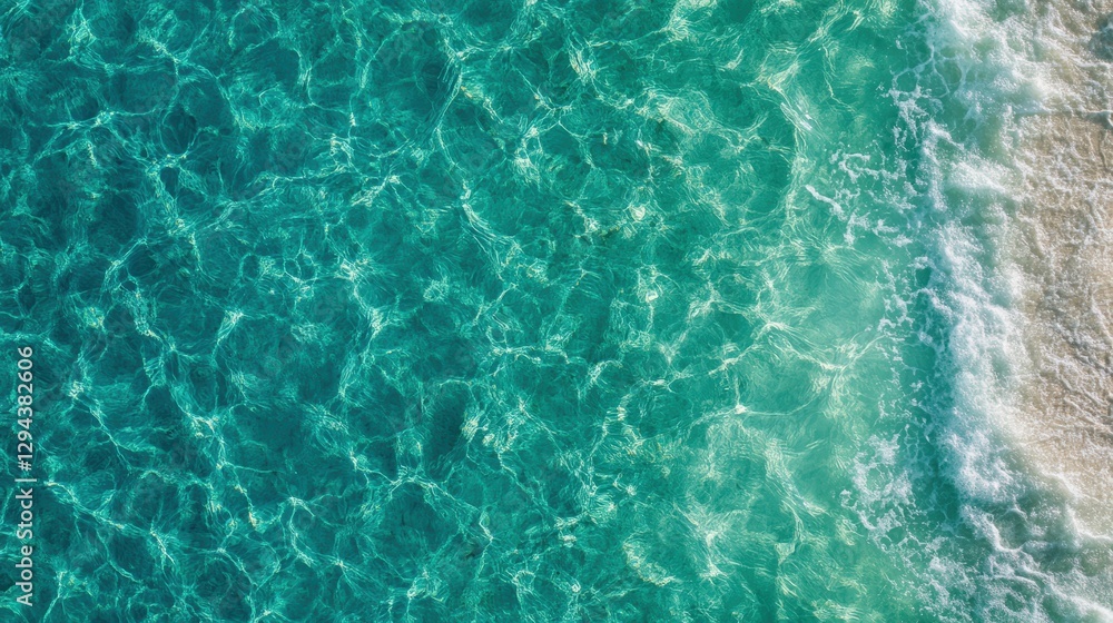 Aerial view of a beach with turquoise water and sandy shore under bright sunny skies Aerial view of a beach with turquoise water and sandy shore under bright sunny skies
