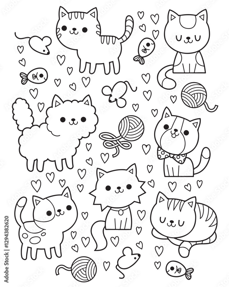 A black and white digital line drawing featuring tiny, adorable cats kawaii style illustration is perfect for coloring activities.
A black and white digital line drawing featuring tiny, adorable cats kawaii style illustration is perfect for coloring activities.