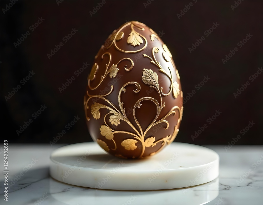 This image features a luxurious chocolate Easter egg decorated with elegant gold designs, sitting on an ornate white base. This image features a luxurious chocolate Easter egg decorated with elegant gold designs, sitting on an ornate white base.