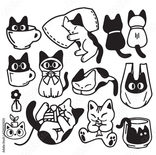 Black and white illustration featuring various playful and cute cats in different poses, including sleeping, sitting in cups, playing, and hanging in bags. A whimsical and charming design.