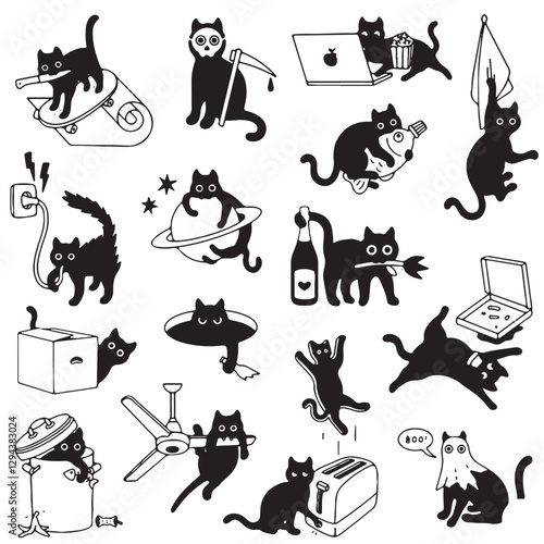 A collection of black and white illustrations featuring mischievous and playful black cats in humorous and quirky situations, such as using a laptop, hiding in objects, and interacting with household 