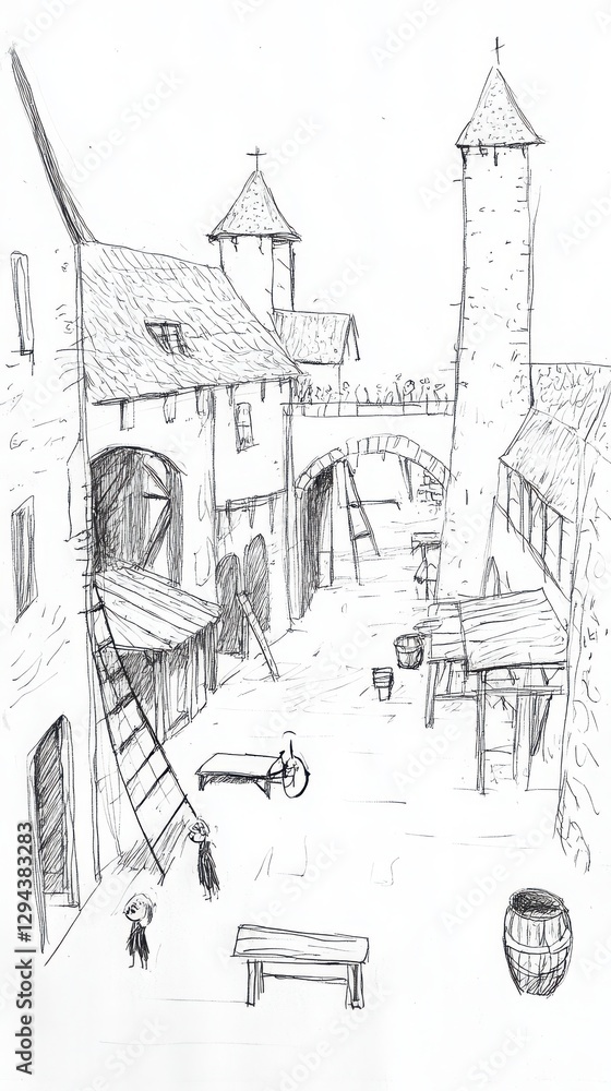 Obraz premium Monochrome Ink Sketch Of Medieval Castle Architecture 2d Drawing Sketchbook Illustration Design Drawing Art Architectural Sketching Pen Artwork Design Sketching Pen Sketch Illustration Ink Drawing