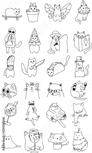 Black and white digital line drawing of various surreal and meme inspired cats with exaggerated expressions and humorous distortions. 

