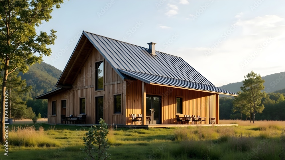 Sustainable Wooden Barnhouse with Metal Roof in a Rural Landscape Sustainable Wooden Barnhouse with Metal Roof in a Rural Landscape