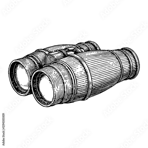 Vintage Binoculars Equipment Detailed Black and White Outline Line Art Drawing Illustration