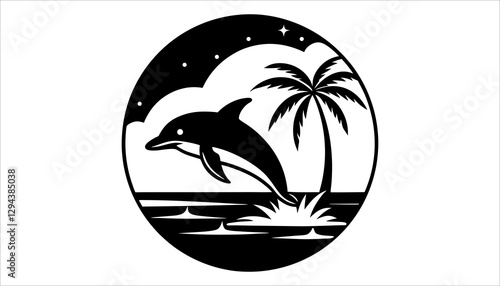 Dolphins and Palm Tree Illustration - Tropical Ocean Vector Design photo